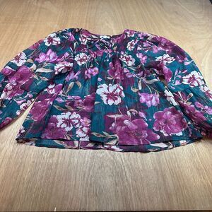 Maurices Dark Teal Floral Peasant Blouse Sheer Tie Neck Boho Womens M